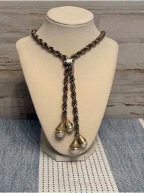 Vintage Rope Chain Lariat Necklace Pearl Drops with Slide